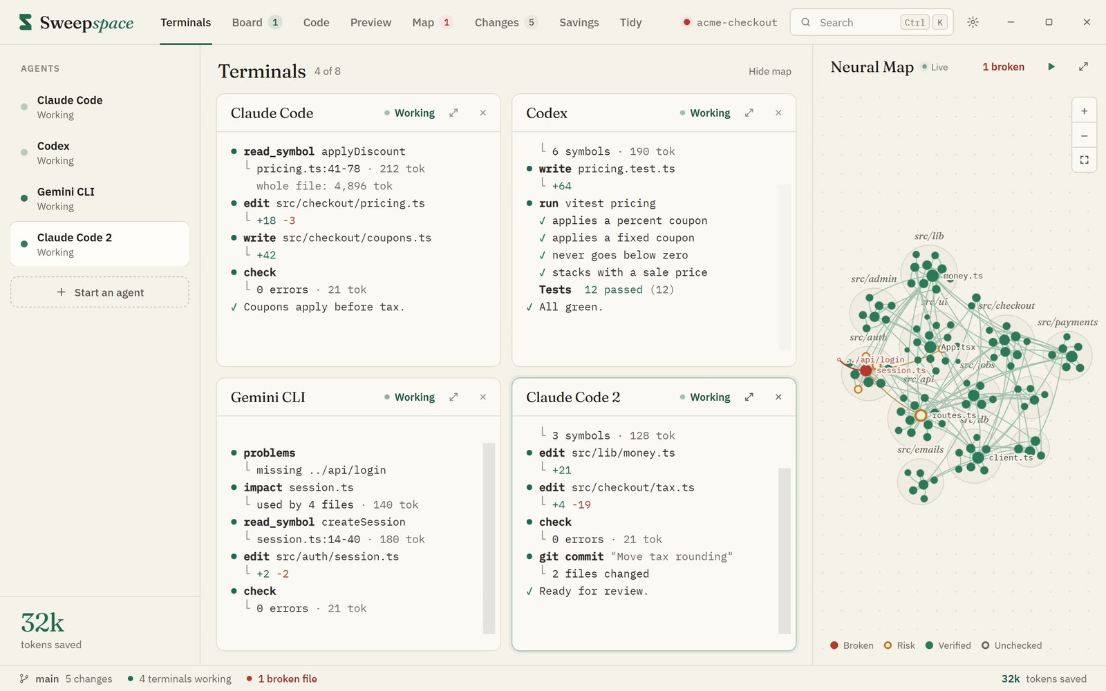 Sweepspace with four agents working side by side: Claude Code, Codex, Gemini CLI and a second Claude Code, next to a live map of the project.