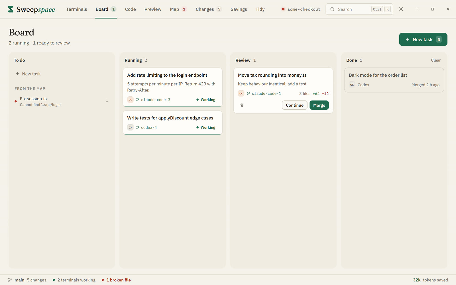 The Board with tasks in To do, Running, Review and Done.