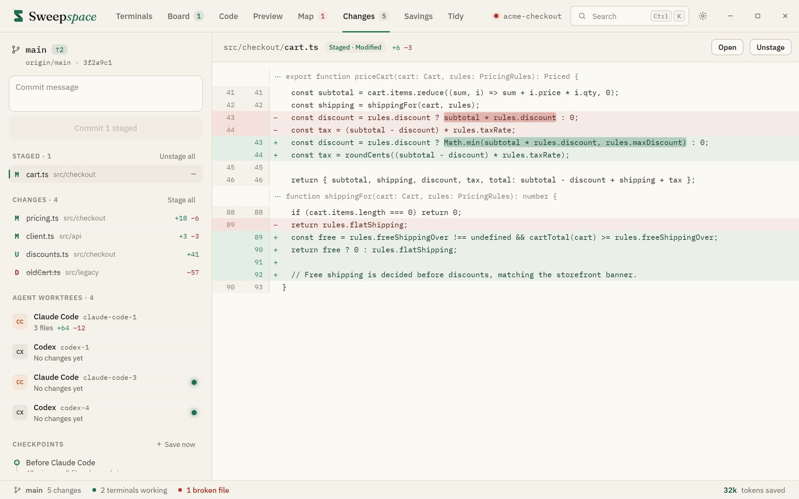 Source control with staged changes, a word-level diff, agent worktrees and checkpoints.