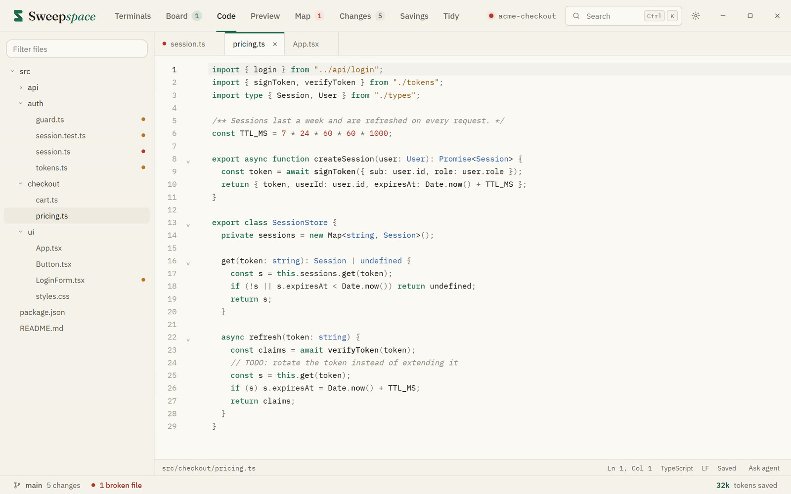 The code editor with a file tree, open tabs and syntax highlighting.