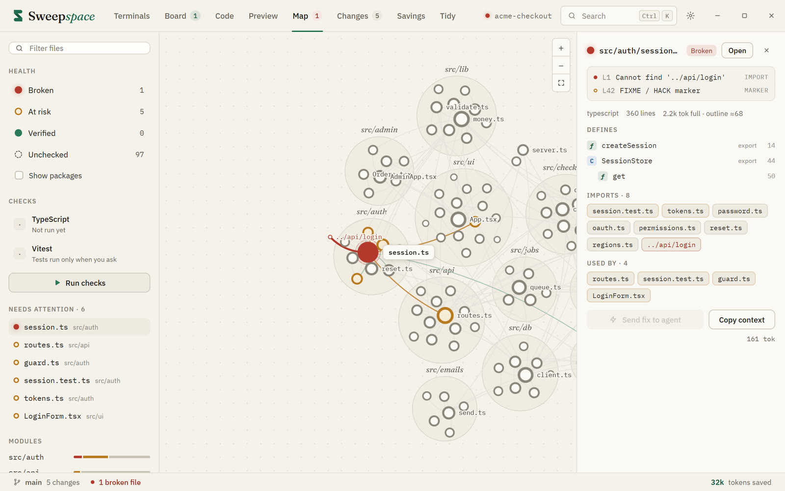 The Neural Map zoomed on a broken file, with its problems, imports and a Send fix to agent button.