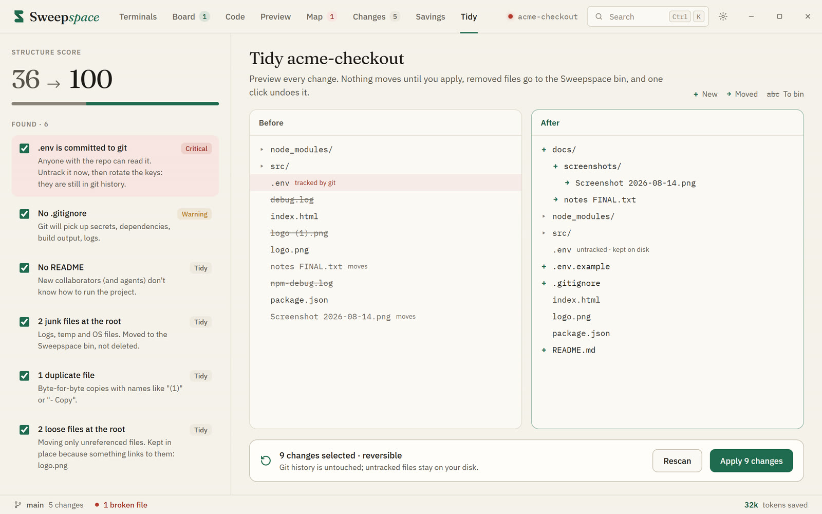 Tidy: a structure score, the problems found, and the project before and after.