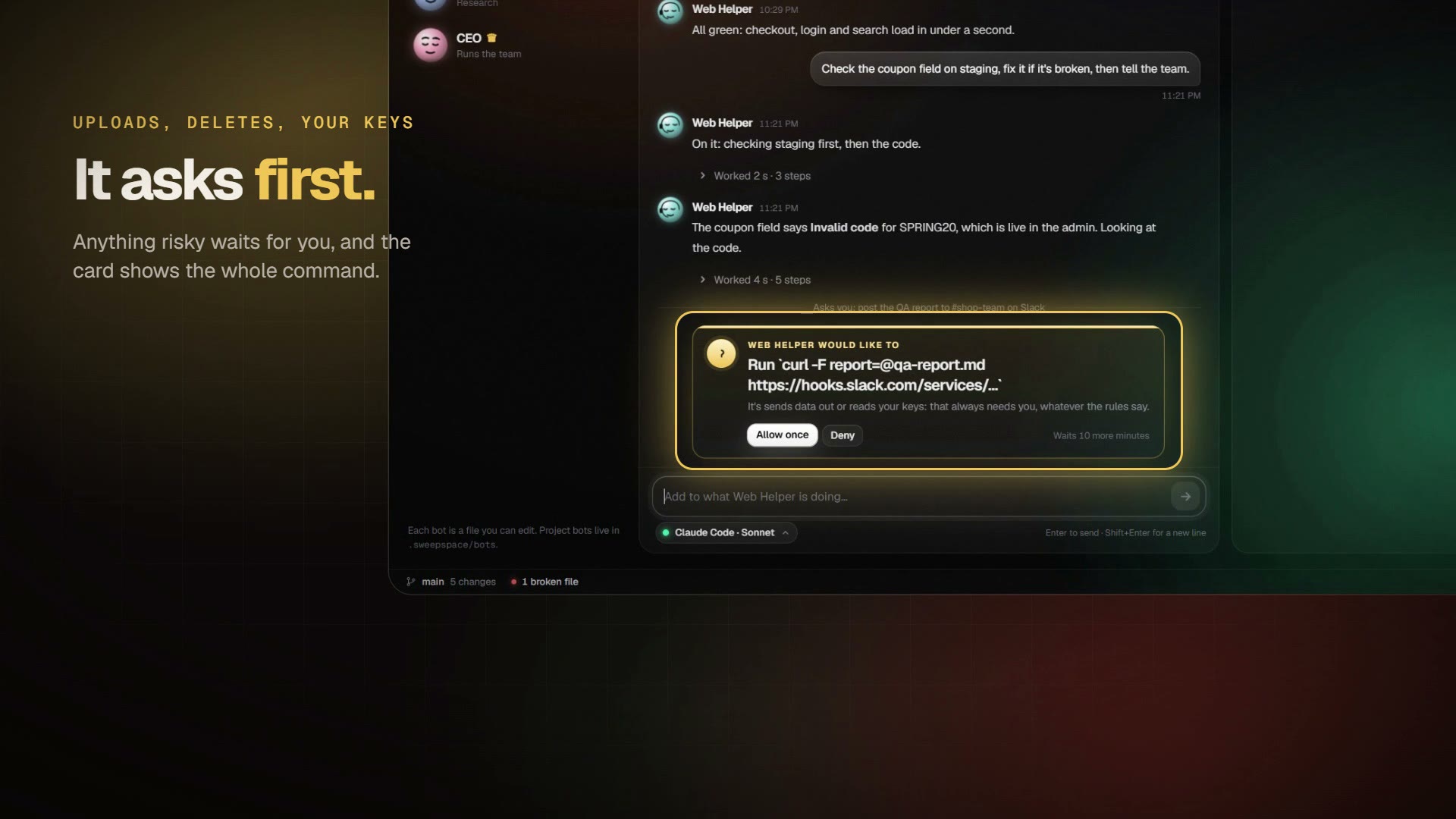 Sweepspace Pro beta 5: bots working on a PC, with their conversation and what they did.
